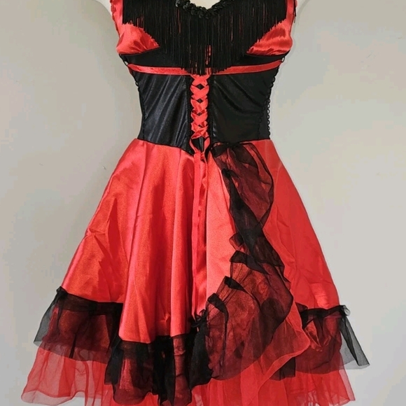 Leg Avenue Gothic Red Black Fringe Halloween Costume Can Can Lace Up Dress S/M - Picture 1 of 16
